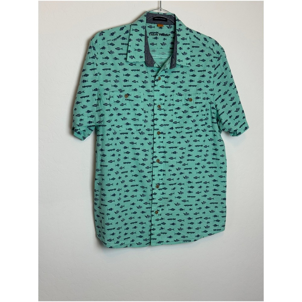 Tailor Vintage Luxe Performance Mens Large Mint Green Fish Print Button Up Shirt